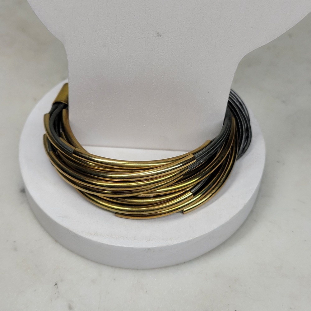 Vintage Multi Strand Leather Band Tube Bracelet Gold Copper Statement 80's
